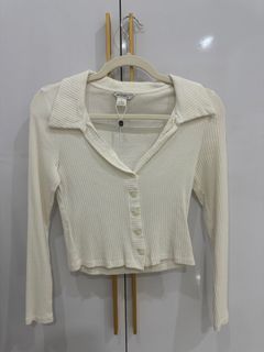 Monki Ribbed Collared Long Sleeve Top with Buttons