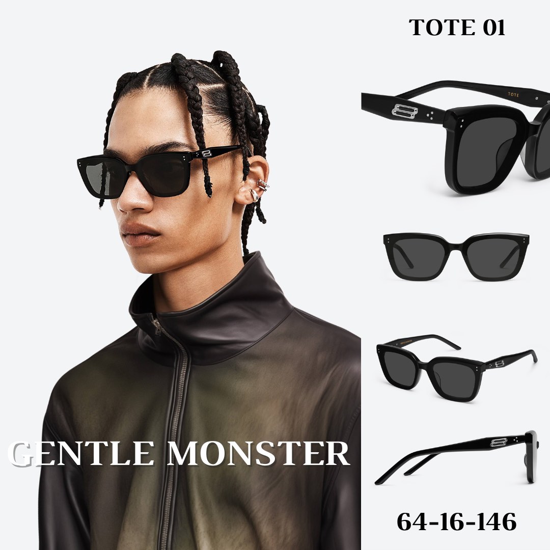 Ready Stock Tote 01 Gentle Monster Sunglasses Unisex Black Acetate Square Frame Black lenses 64 16 146