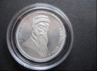 Silver Coin Germany 5 mark, 1968 500. Death Anniversary of Johannes Gutenberg