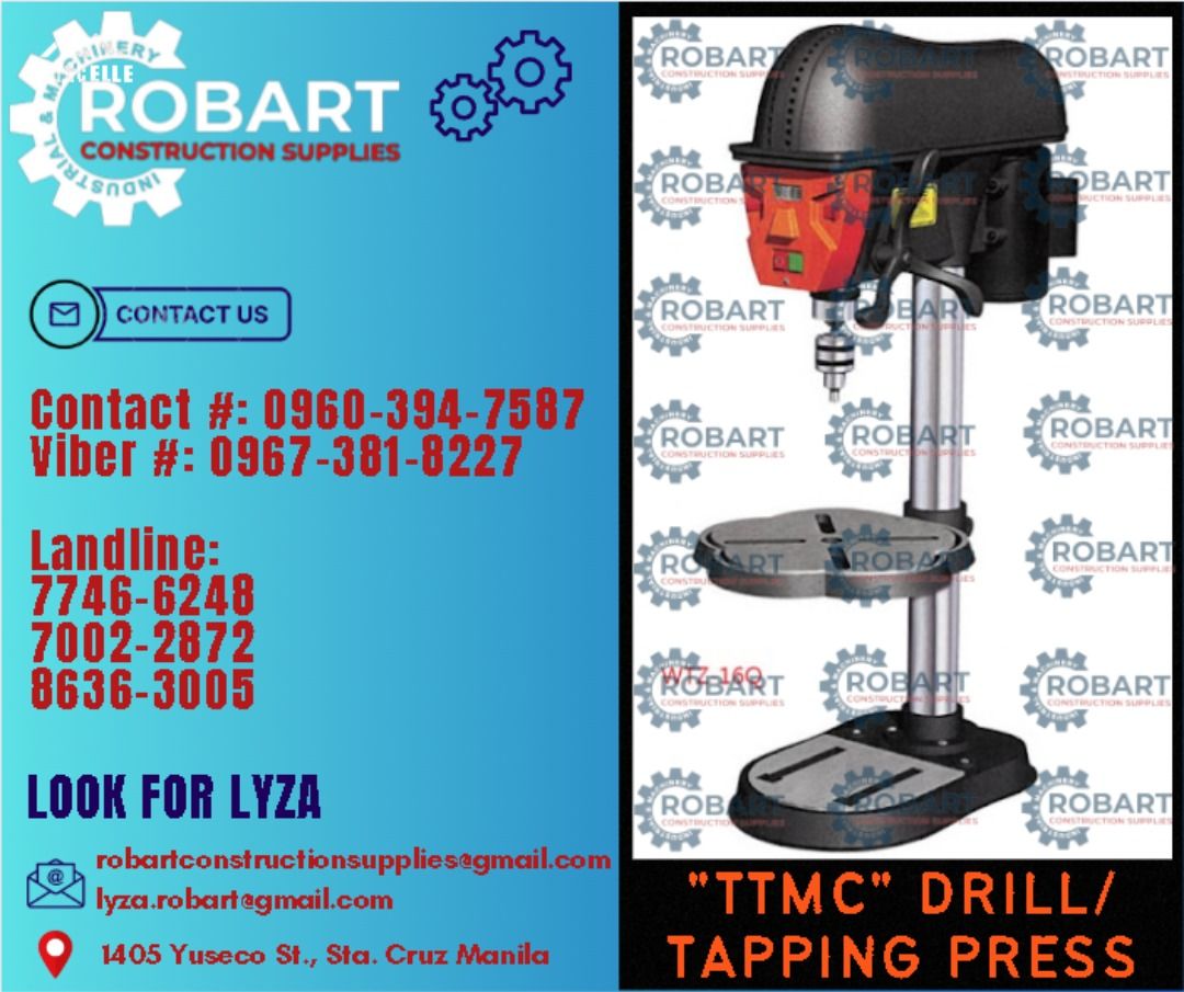 "TTMC" Drill/Tapping Press (Category: Construction Tools & Equipment) located in Manila. Submitted by lyzarobart1999 (Listing ID 1293042987, Image 2). Description: "TTMC" Drill/Tapping Press * WTZ-16T Drill Cap. 16mm Tapping 12mm 300 - 1800rpm Motor: 1HP Weight: 55kgs. * WTZ-16Q Drill Cap. 16mm 500 - 2600rpm Motor: 450 watts Weight: 38kgs 𝐒𝐄𝐍𝐃 𝐔𝐒 𝐌𝐄𝐒𝐒𝐀𝐆𝐄 𝐅𝐎𝐑 𝐈𝐍𝐐𝐔𝐈𝐑𝐈𝐄𝐒 ‼️ 0 9 6 7 3 8 1 8 2 2 7 0 9 6 0 3 9 4 7 5 8 7 𝐋𝐚𝐧�