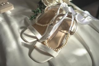 White Pearl Ribbon Heels - Bridal Shoes