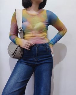 2 FOR 500 - YELLOW BLUE AND PINK MESH 90s VINTAGE INSPIRED LONG SLEEVES TOP MEDIUM 022402