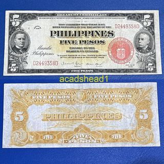 5 pesos 1936 Philippines Commonwealth Treasury Certificate Old Collectible Money Quezon Ramos Signature Very Fine