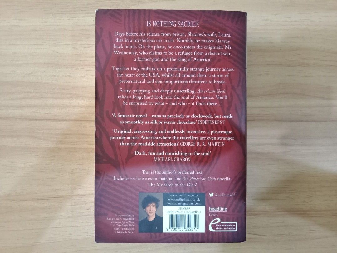 American Gods by Neil Gaiman (Category: Storybooks) located in Zamboanga. Submitted by cell0 (Listing ID 1293350429, Image 2). Description: American Gods by Neil Gaiman (Trade Paperback / TP) Price: 200php STATUS: AVAILABLE. Will not entertain qs of this sort. CONDITION: GOOD READING COPY. signs of shelf wear + foxing. NO spine crease/s, dog-ears, ripped pages, annotations, highlights and/or dirt. Pic/s already posted. ↳ mop: gcash ↳ sco-j&t or l