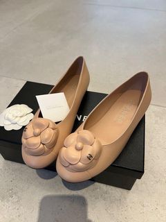 Authentic Chanel Classic Leather Beige Camellia Ballerina Flats