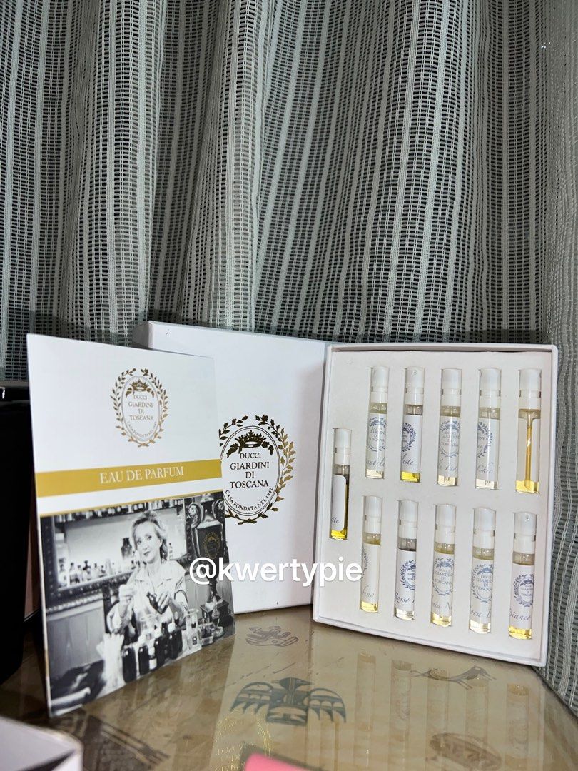 Authentic Ducci Giardini Di Toscana Discovery Set (Category: Fragrance & Deodorants) located in Quezon City. Submitted by kwertypie (Listing ID 1293326771, Image 1). Description: Authentic Ducci Giardini Di Toscana Discovery Set Includes 2ml vials of: - Bianco Latte - Celeste - Scintilla - Blu Indaco - Shabby Chic - Christos - Rosso Rubino - Rosso Radice - Colonia Nobile - Bora Bora - Bianco Ori CONDITION: Excellent; unused and unsealed NO RETURN