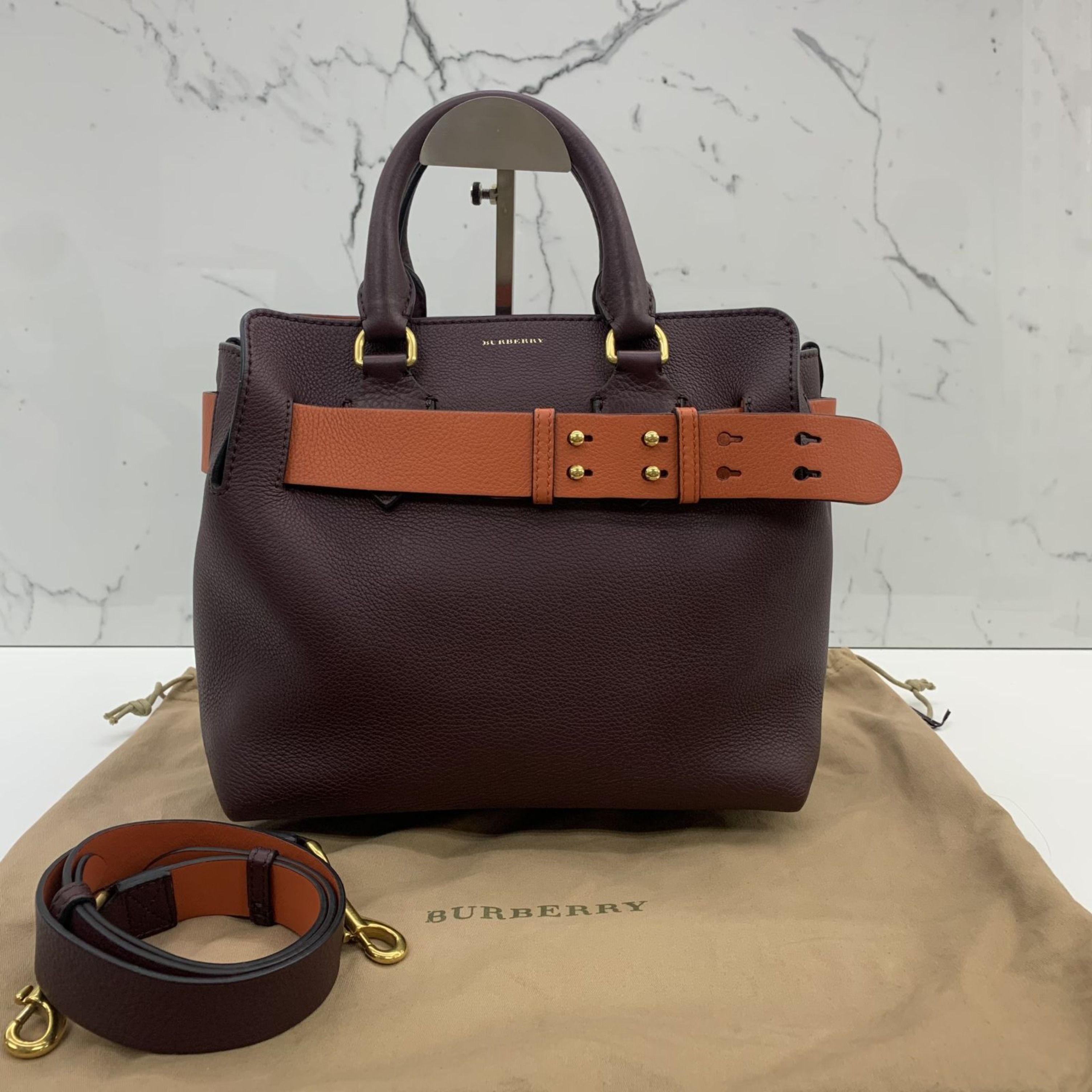 Burberry small banner in vintage check handbag deep claret cheap