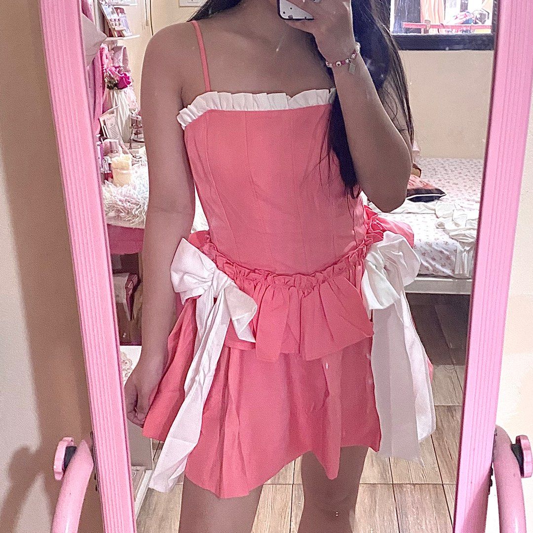 Coquette Peach Pink Princesscore Ribbon Bow Graduation Party Dress, Women's  Fashion, Dresses & Sets, Dresses on Carousell
