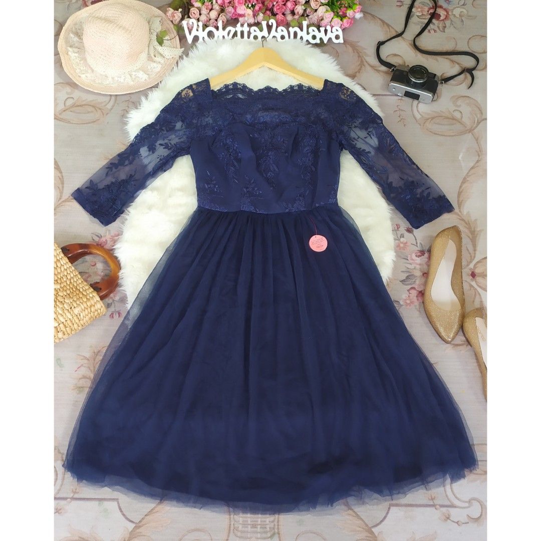 Dress pesta party navy blue lace biru tile bordir bunga embroidery embroidered flower floral Chi Chi Brandi London lengan 3 4