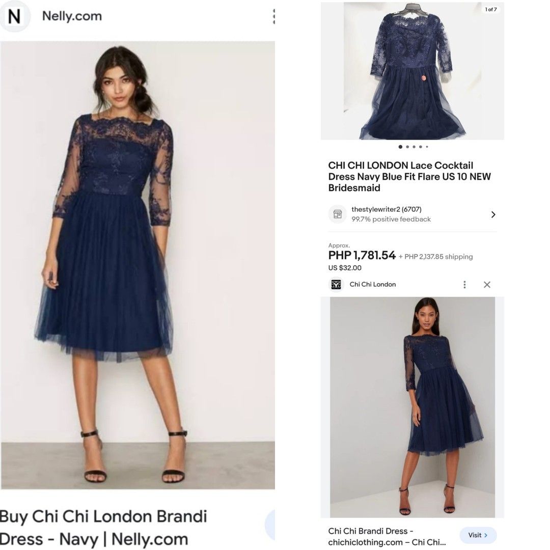 Dress pesta party navy blue lace biru tile bordir bunga embroidery embroidered flower floral Chi Chi Brandi London lengan 3 4