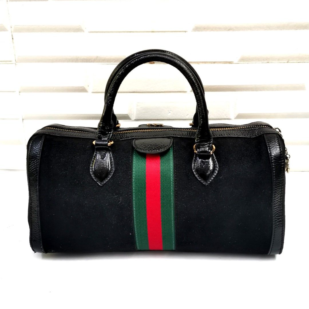 Gucci Ophidia Black Suede Web Stripe Boston Satchel Handbag Cylinder