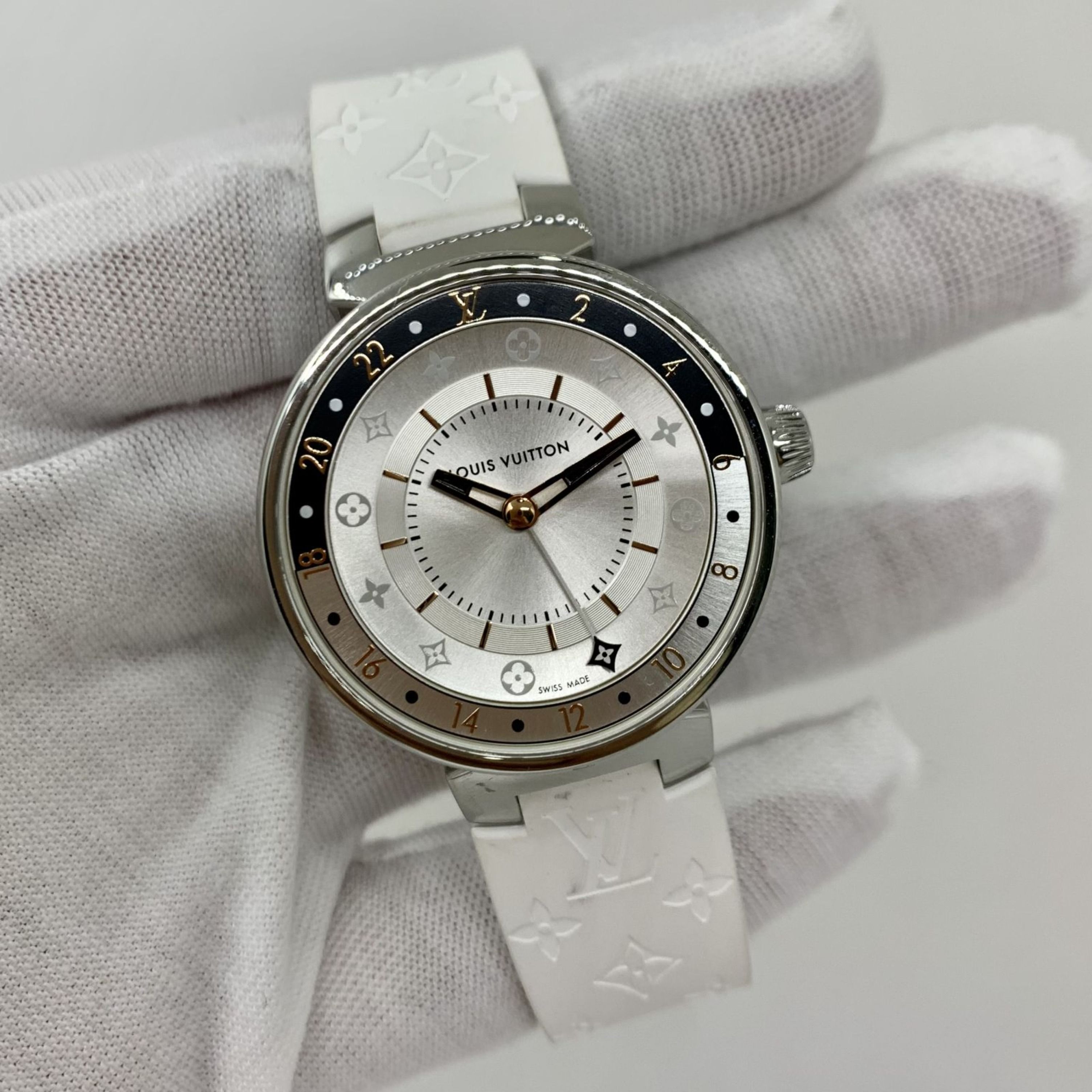 LOUIS VUITTON QA104Z TAMBOUR MOON DUAL TIME BLACK WHITE 35 LADIES WATCH 247009690
