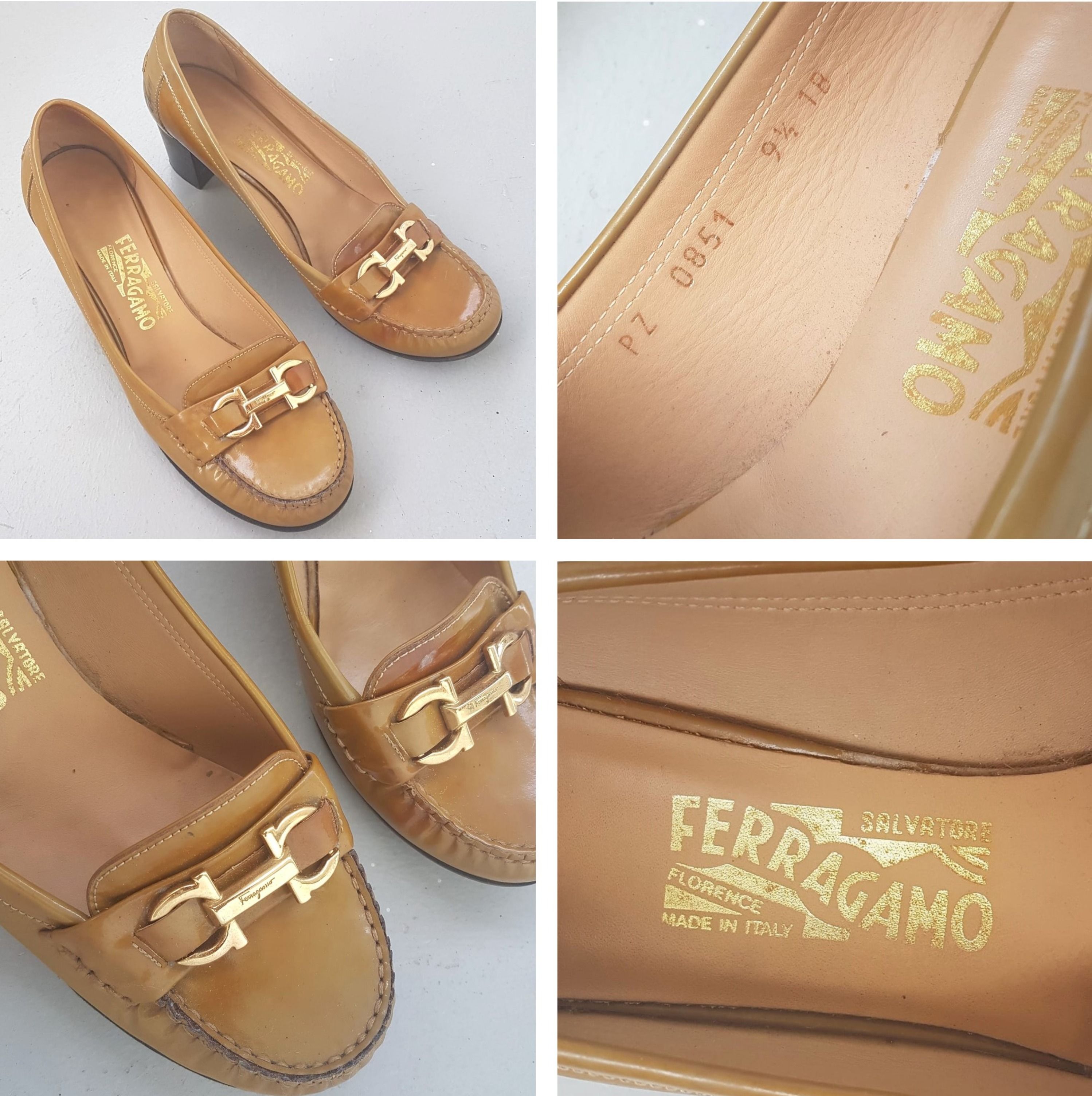 Salvatore Ferragamo Designer Shoes Brown Tan Leather Heel Size 9.5 Pumps Model Gancini Buckle Loafers Made in ITALY Timeless Classic Luxury