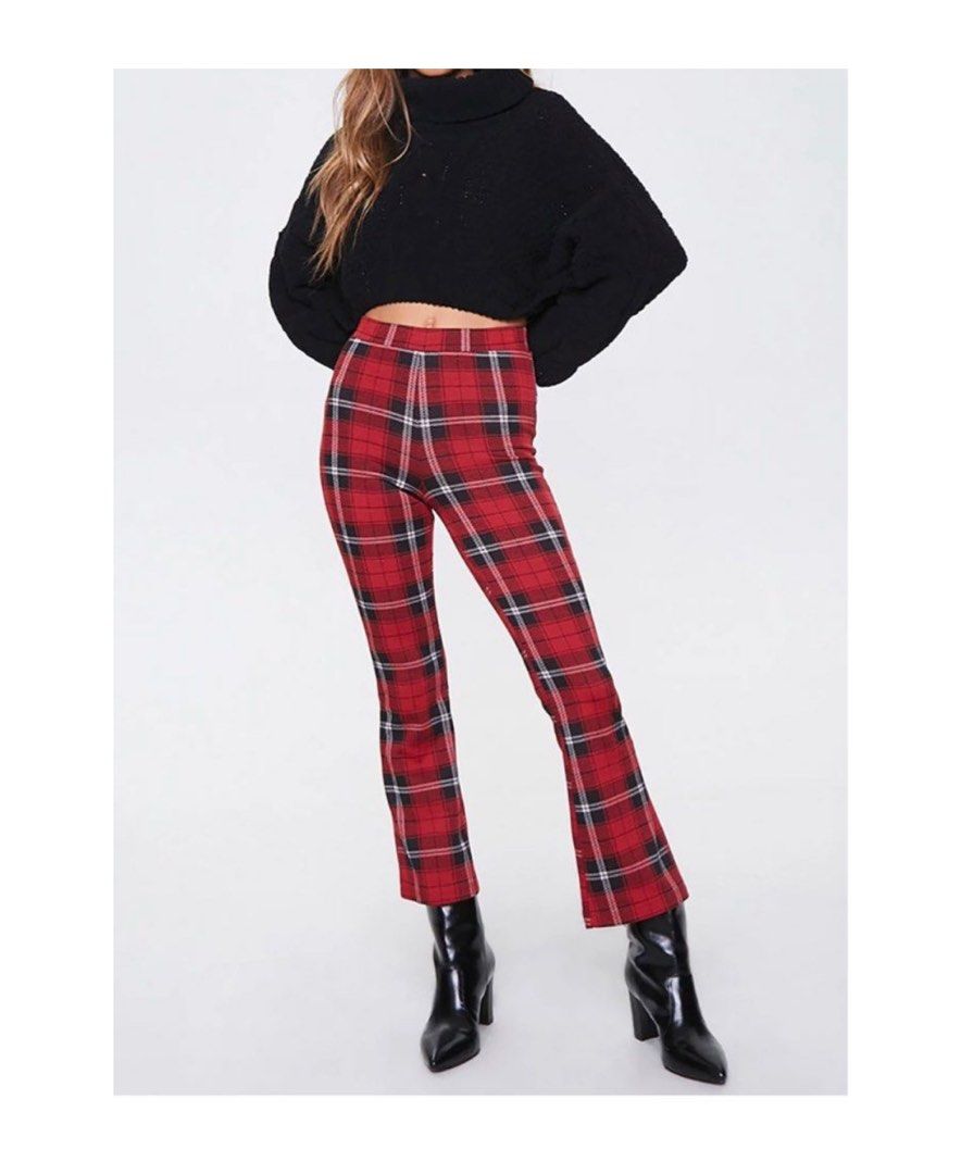 F21 Stretchy Red and Black Plaid Flare High Rise Pants Women s Fashion Bottoms Jeans on Carousell