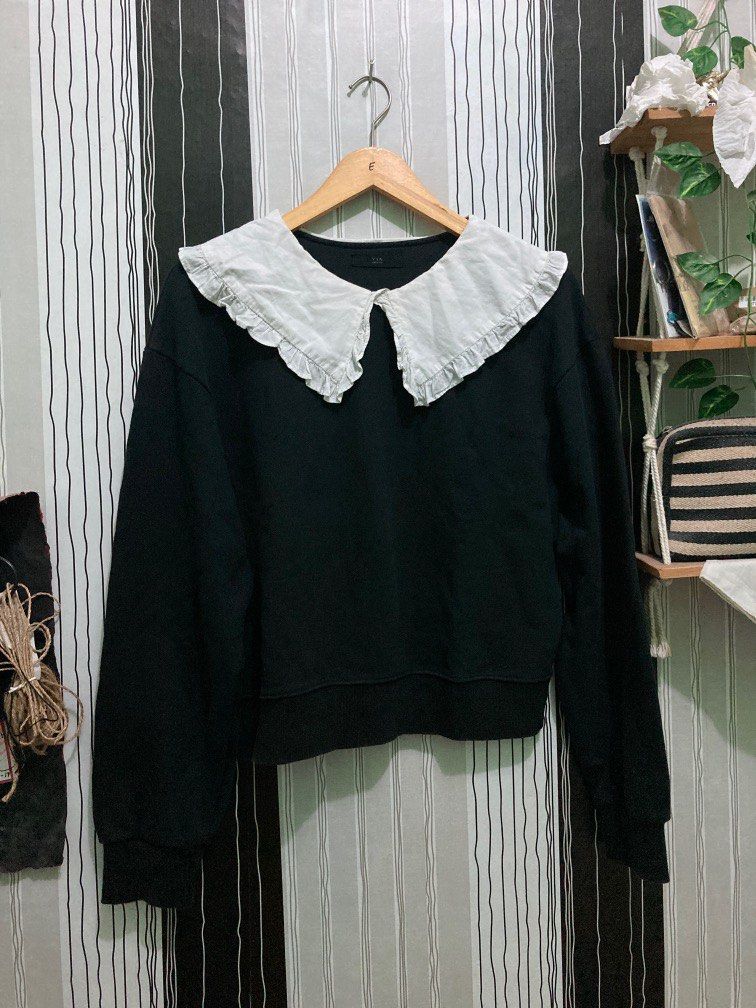 Womens black babydoll sweatshirt knit sweater knit top white collar ruffle  Korean look crewneck sweatshirt sailor neck bkk