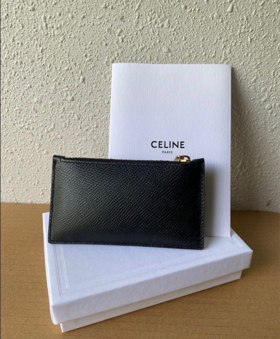 ZIPPED COMPACT CARD HOLDER ESSENTIALS IN GRAINED CALFSKIN - BLACK