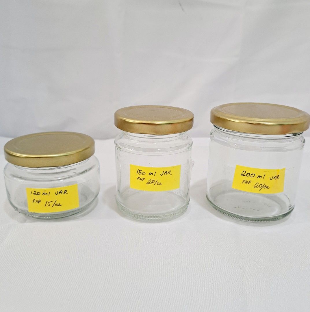 Glass Jars and Bronze Tin Can (Category: Food Organization & Storage) located in Paranaque City. Submitted by decluttering.diva (Listing ID 1293430037, Image 2). Description: 120ml Glass Jar - Php 15/ea (stock: 16) 150ml Glass Jar - Php 20/ea (stock: 15) 200ml Glass Jar - Php 20/ea (stock: 1) 470ml Bronze Tin Can - Php 30/ea (stock: 6).