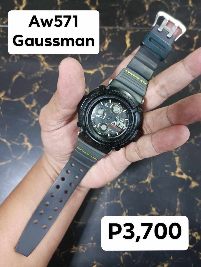 Gshock Vintage Aw571 Gaussman (Category: Men's Watches) located in Manila. Submitted by bunksmedina (Listing ID 1293473833, Image 1). Description: -Aw571 Gaussman Unit only 8/10 condition Stock Custom made bezel used strap 8/10 scratches on glass as is P3,700 Pick-up Pritil Herbosa st tondo manila or Palalamove nyo If shipping po PAYMENT FIRST Bdo Gcash No COD No COP Pwede Lalalamove abono basta kayo magbbook .