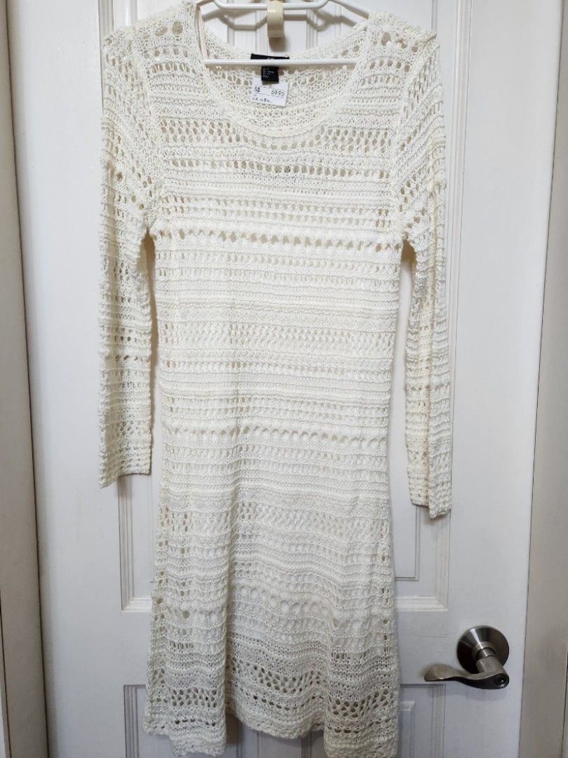 h&m crochet dress cream Women's Cream/Black striped Crochet-look dress