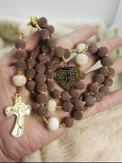 Made in Vatican Rome beautiful chocolate coral beads and St. Benedict cross with heart engraved Our father prayer protection and healing rosary