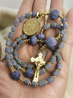 Made in Vatican Rome blue coral beads and St Benedict with Fatima medallion protection rosary