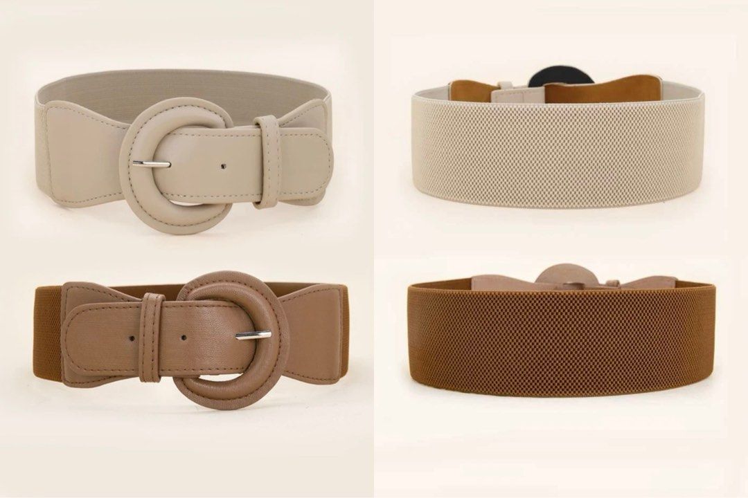 [Set-Unused] Shein Garterized/Elastic Belts (Category: Belts) located in Malabon City. Submitted by AwchieeCollectibles (Listing ID 1293512710, Image 3). Description: These are unused. Selling as SET. Shein Garterized/Elastic Belts Flaw: None, unused. Color: Beige, Tan, Cream, Black Material: Garter, Synthetic Leather (Front), Suede (Back) Hardware: Silver Size: -Black/Cream: Width-1.6-2.4in; Length-29.5in -Tan/Beige: Width-1.6-2.4in; Length-30.7