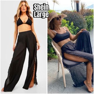 Shein Boho Black tassel Split sides Summer Mesh Beach cover up pants