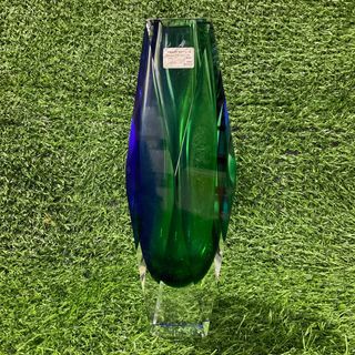 Vintage Murano Italy Mandruzzato Faceted Smoky Blue Green  Handblown Art Glass Thick Heavy Vase with Sticker and Flaws as posted - P2750.00