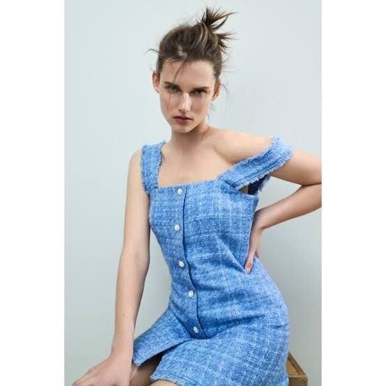 Zara Blue Tweed Dress REF. 2810/397, Fesyen Wanita, Pakaian Wanita, Gaun \u0026  Rok di Carousell