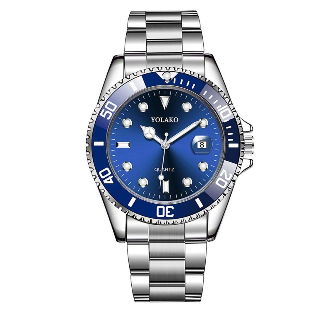5789 YOLAKO Fashion Men Steel Band Arabic Number Calendar Analog Quartz Wrist Watch