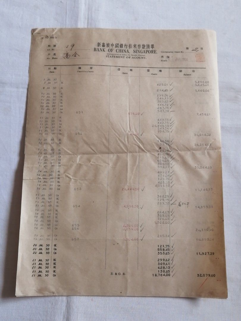 新加坡中國銀行往來存款清單 Singapore Bank Of China Statement Of Account 1950, Hobbies &  Toys, Memorabilia & Collectibles, Vintage Collectibles on Carousell
