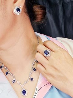 diamond ring earring necklace FASTBREAK 28.9grams 14k gold 5.0ct dia 18.0ct blue sapphire 16"