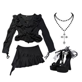 Fairy Goth/ Dark femme Black Mesh ruffled top
