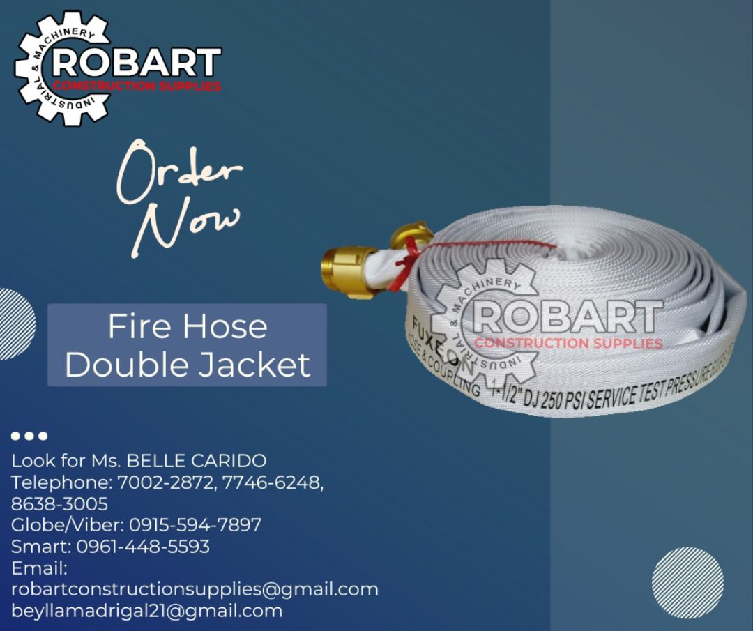 Fire Hose Double Jacket (Category: Construction Tools & Equipment) located in Manila. Submitted by bellarobart (Listing ID 1293630990, Image 1). Description: Fire Hose, Double-jacket Size: 1-1/2" Brand: Fuxeon 𝑹𝑶𝑩𝑨𝑹𝑻 𝑪𝑶𝑵𝑺𝑻𝑹𝑼𝑪𝑻𝑰𝑶𝑵 𝑺𝑼𝑷𝑷𝑳𝑰𝑬𝑺 #RobartConstructionSupplies #robartph #constructionmaterials #industrialsupply Office Address: 1405 Yuseco St. Sta Cruz Manila SEND US MESSAGE FOR INQUIRIES ‼️‼️ 🔵100% Trusted Supplier
