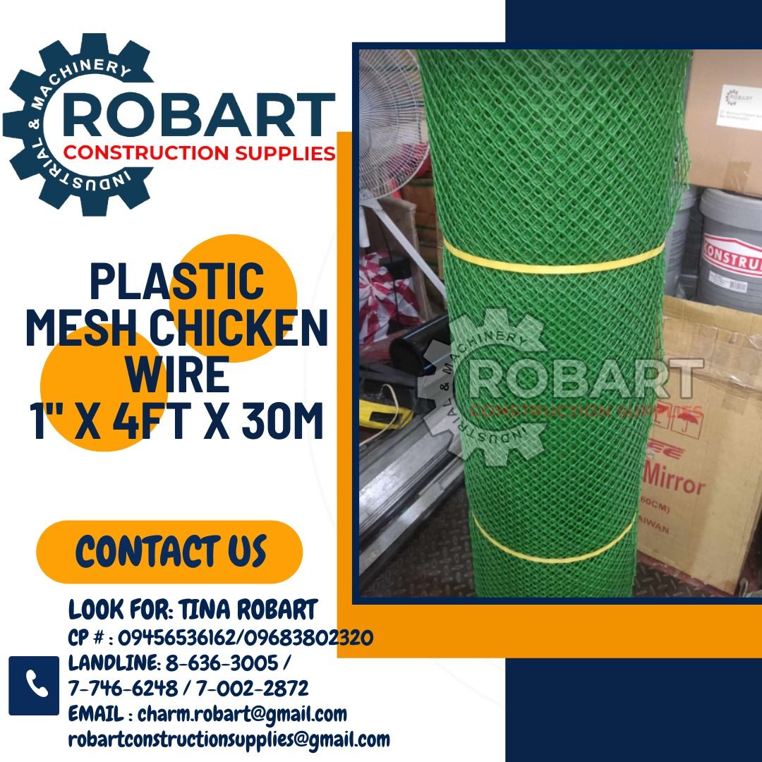 Plastic Mesh Chicken Wire 1" x 4ft x 30mtrs (Category: Construction & Building Materials) located in Manila. Submitted by tina.sales (Listing ID 1293611358, Image 1). Description: Plastic Mesh Chicken Wire 1" x 4ft x 30mtrs ₱5,165 SEND US MESSAGE FOR INQUIRIES ‼️‼️ ~~TINA ROBART~~ 0 9 4 5 6 5 3 6 1 6 2 0 9 6 8 3 8 0 2 3 2 0 LANDLINE: 8 6 3 6 3 0 0 5 / 7 7 4 6 6 2 4 8 / 7 0 0 2 2 8 7 2 EMAIL : c h a r m.r o b ar t @ g m a i l.c o m r o b a r t c o