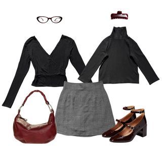 [STYLE BUNDLE] Corp core/ Office Siren Black Vneck longsleeve, Black Turtleneck 3/4 sleeves and Gray Plaid Skirt set