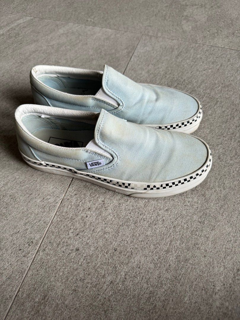Light blue vans with checkered trim best sale
