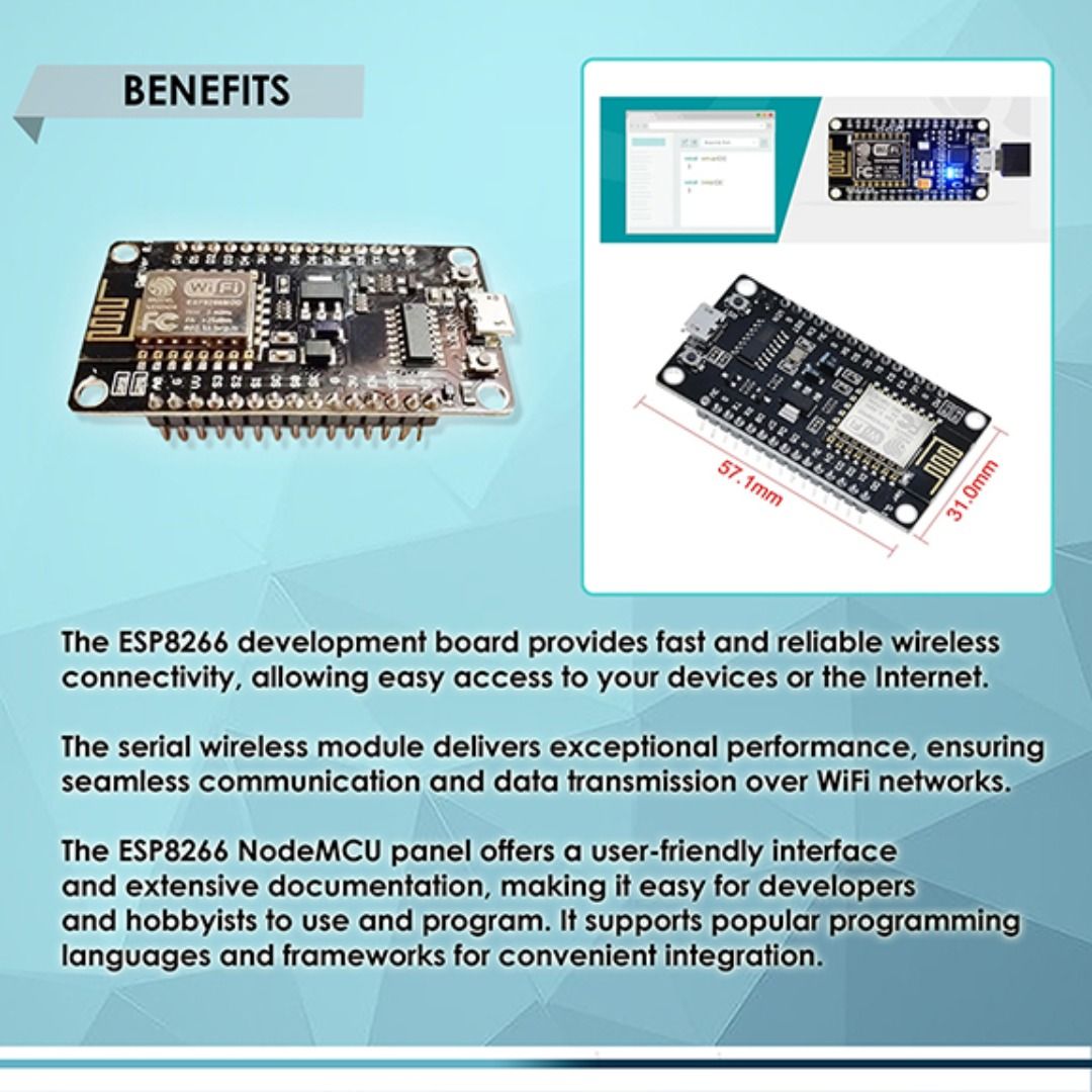 WIRELESS MODULE ESP8266 CH340 CH340G NodeMcu V3 LUA WIFI INTERNET DEVELOPMENT BOARD, FOR ARDUINO IDE (Category: Computer Parts) located in Quezon City. Submitted by besteinpc (Listing ID 1292751581, Image 3). Description: WIRELESS MODULE ESP8266 CH340 CH340G NodeMcu V3 LUA WIFI INTERNET DEVELOPMENT BOARD, FOR ARDUINO IDE FEATURES: 👉Wireless standard : IEEE 802.11b/g/n 👉6 x Digital I/O, 3 x PWM Channels, 1 x ADC Channel 👉Full I/O control throug