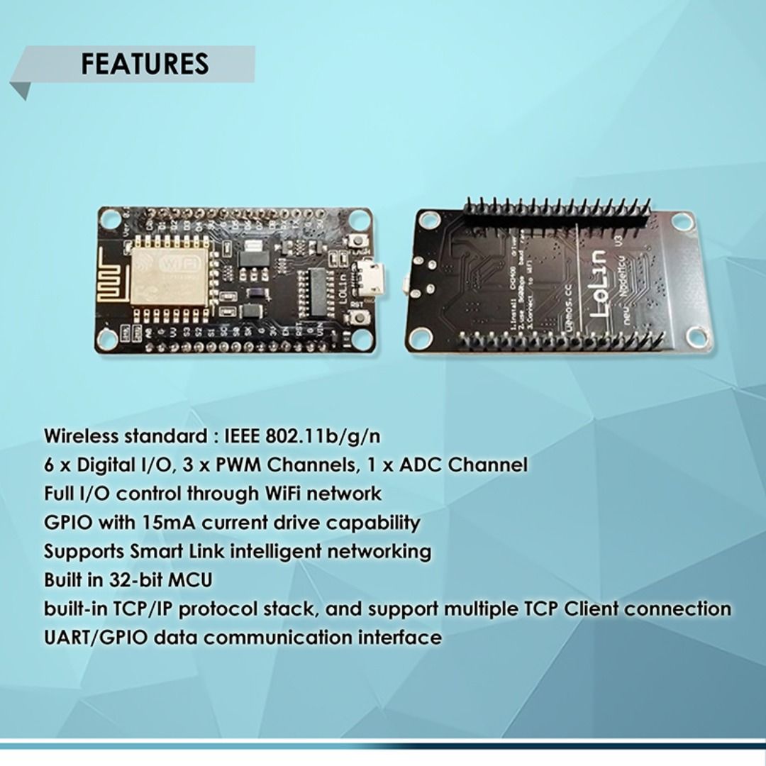 WIRELESS MODULE ESP8266 CH340 CH340G NodeMcu V3 LUA WIFI INTERNET DEVELOPMENT BOARD, FOR ARDUINO IDE (Category: Computer Parts) located in Quezon City. Submitted by besteinpc (Listing ID 1292751581, Image 2). Description: WIRELESS MODULE ESP8266 CH340 CH340G NodeMcu V3 LUA WIFI INTERNET DEVELOPMENT BOARD, FOR ARDUINO IDE FEATURES: 👉Wireless standard : IEEE 802.11b/g/n 👉6 x Digital I/O, 3 x PWM Channels, 1 x ADC Channel 👉Full I/O control throug