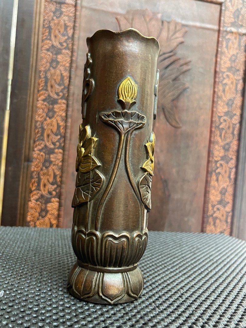 🔄 「精品銅雕收藏」 黃銅老件/佛字香筒/描金蓮花/筆筒置物筒