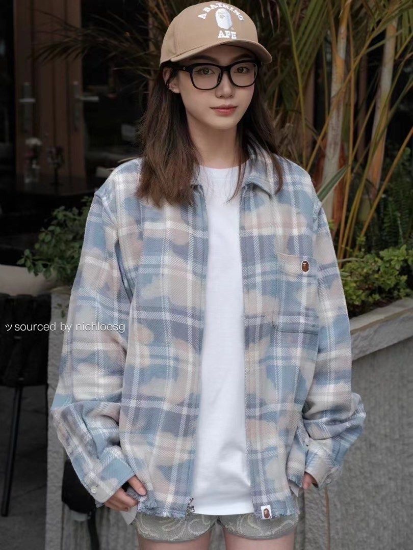 BAPE BLEACHED BAPE CHECK ZIP SHIRT, Men's Fashion, Coats, Jackets