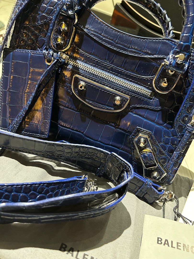 Brand New Balenciaga Mini City Edge Bag Croc Embossed Blue