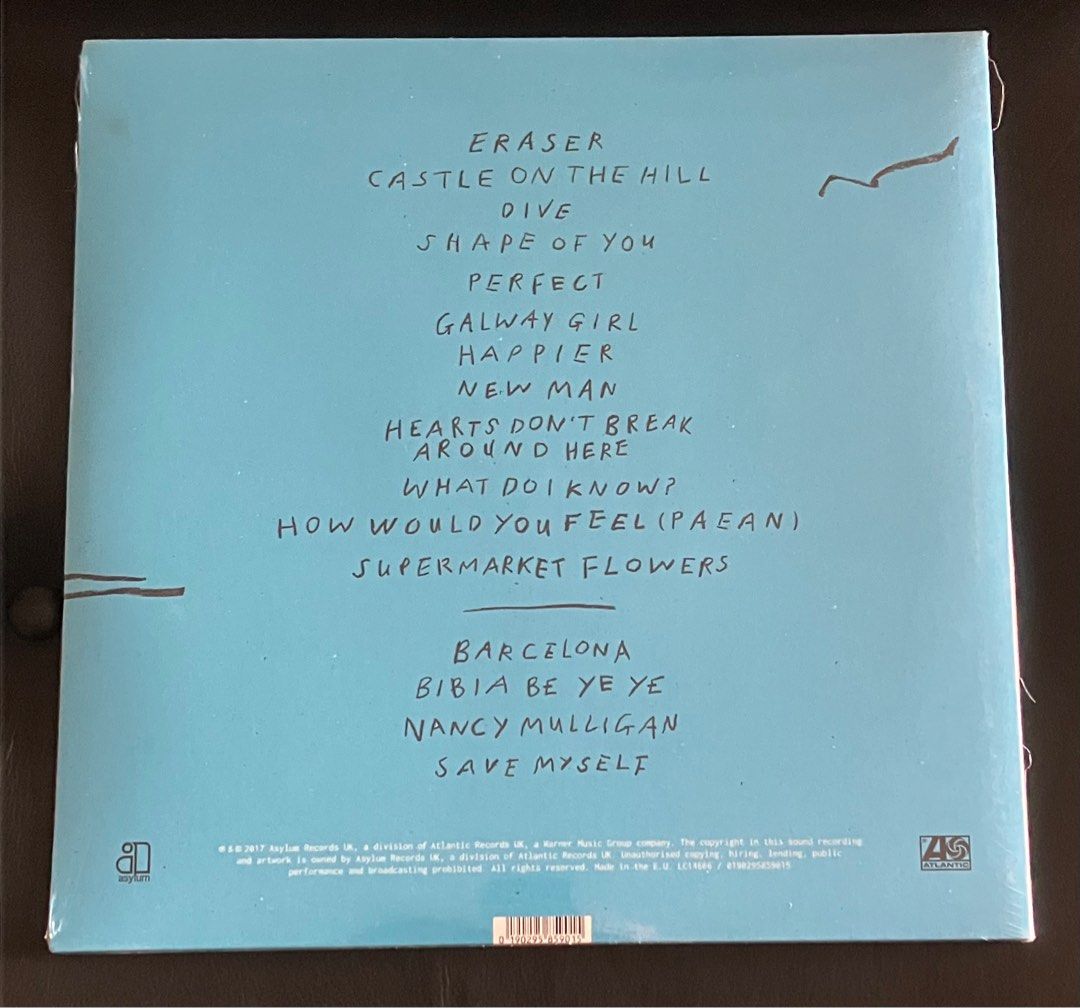 ED SHEERAN Divide 2x Vinyl LP (Category: Vinyls) located in Paranaque City. Submitted by d33t00 (Listing ID 1293840384, Image 3). Description: ED SHEERAN Divide 2x Vinyl LP Tracklist: 1-1 Eraser 1-2 Castle On the Hill 1-3 Dive 1-4 Shape of You 1-5 Perfect 1-6 Galway Girl 1-7 Happier 1-8 New Man 2-1 Hearts Don’t Break Around Here 2-2 What Do I Know? 2-3 How Would You Feel (Paean) 2-4 Supermarket Flowers 2-5 Barcelona 2-6 Bibia Be Ye Ye 2-7 Nancy M