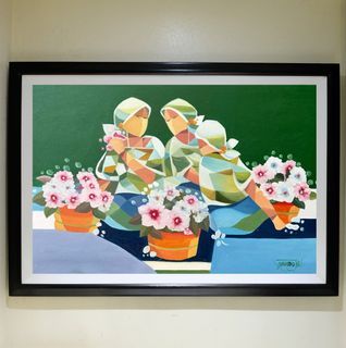 FLOWER VENDOR 40x29 inches OIL ON CANVAS Painting with Wood Frame, Ready to Hang