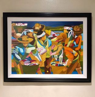 LUCKY FISH HARVEST 29 x 23 inches OIL ON CANVAS Painting with Wood Frame, Ready to Hang