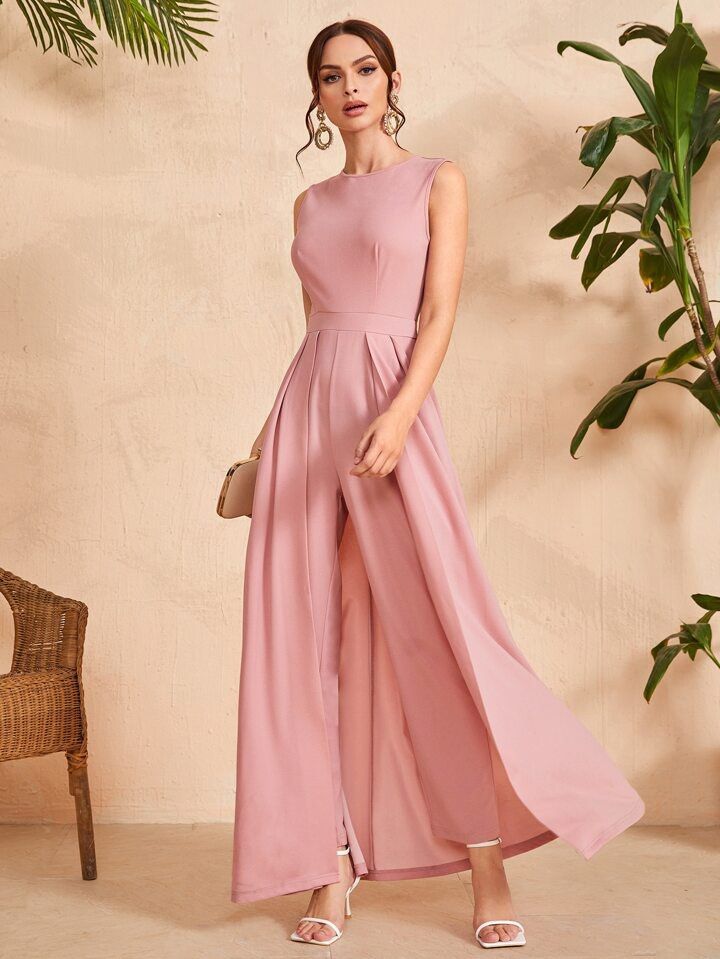 Pink Mulvari Formal Zipper Jumpsuit with Outer Skirt Prom
