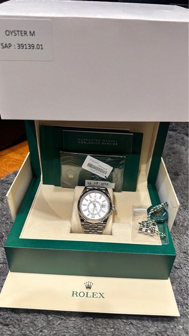 Rolex White Dial Jubilee Sky Dweller 336934 (Category: Watches) located in Singapore. Submitted by lovesdunklow (Listing ID 1293897231, Image 3). Description: Fixed price $24,000 for quick deal. Pristine condition bought from local retailer shop. RX8 protector applied on First day. August 2023 model. Get it before it is gone. Rolex warranty till 2028 Not for sales to Low ballers and retails shops. .
