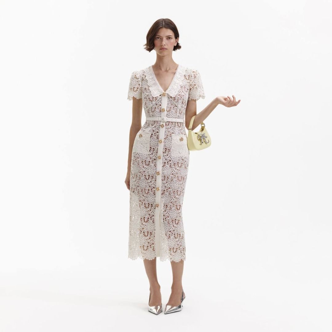 self portrait cream lace midi dress Cream Fine Lace Pearl Midi Dress  self-portrait-US
