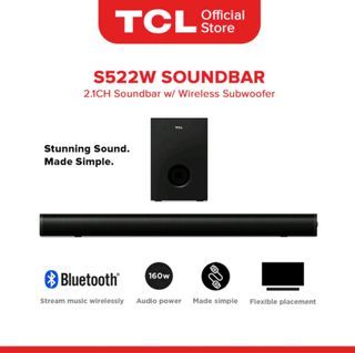 TCL Wireless 2.1 Sound Bar Speaker System - S522W 2.1 channel Soundbar with Wireless Subwoofer, 20watts *2 + 40 watts Sub, Bluetooth, HDMI ARC, SPDIF, Optical Input, Multi - Color LED Indicator, 5 Equalizer Models)