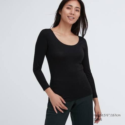 WOMEN'S HEATTECH COTTON EXTRA WARM SCOOP NECK LONG SLEEVE T-SHIRT